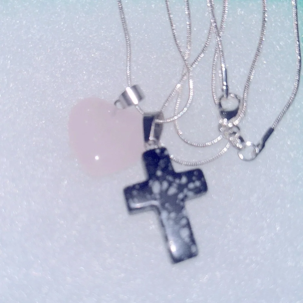 Boho hippie Obsidian Cross & Rose Quartz heart Sterling Silver 24” Neckl…